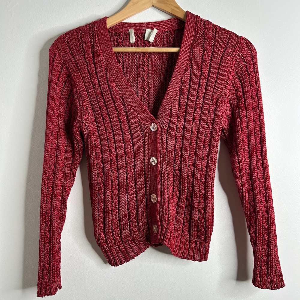 VTG Henri Bendel Cable Knit Cardigan Sz S Metallic Red Old Money Luxury Preppy‎
